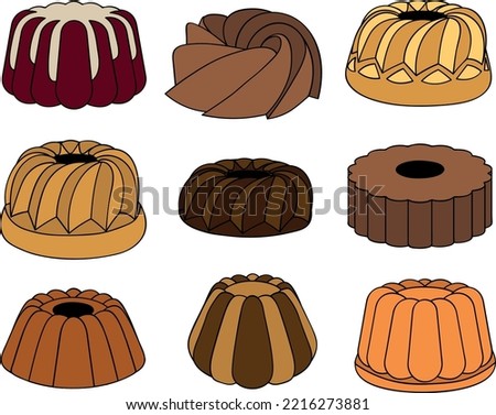 Set of bundt cake dessert vector illustration icons. Typical brown caligraphique outlined and colored ring cakes for Christmas and Easter.
