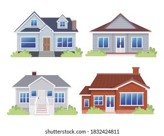 Set of Bungalow House Countryside Home Flat Illustration