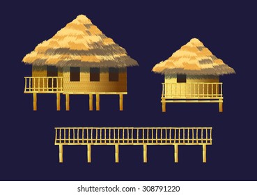 A set of bungalows and buildings made of bamboo