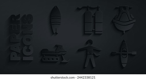 Set Bungee jumping, Jet ski, Snowmobile, Kayak or canoe, Aqualung and Surfboard icon. Vector