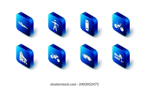 Set Bungee jumping, Skateboard trick, Bicycle, Snowmobile, Ski goggles, Motorcycle, Roller skate and Formula 1 racing car icon. Vector