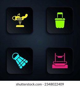 Set Bungee, Swing plane, Badminton shuttlecock and Sand bucket. Black square button. Vector