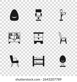Set Bunk bed, Cadeira, Poltrona, Mobília cabeceira, Lâmpada de assoalho, Pouf, Escritório e Biblioteca ícone da estante. Vetor