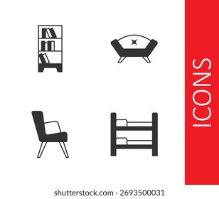 Conjunto de litera, estantería de Biblioteca, sillón y icono de sofá. Vector