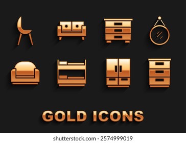 Set Bunk bed, Mirror, Furniture nightstand, Wardrobe, Armchair,  and Sofa icon. Vector