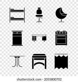 Set Bunk, Office Silla, Sillón, Mesa redonda, Silla, Cortinas, Big and desk icon. Vector