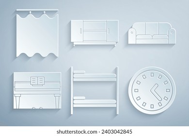 Set Bunk bed, Sofa, Grand piano, Clock, TV table stand and Curtains icon. Vector