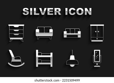 Set Bunk bed, Wardrobe, Big full length mirror, Lamp hanging, Rocking chair, Sofa, Furniture nightstand and  icon. Vector