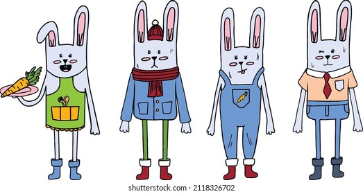 A set of bunnies in different clothes. Vector illustration