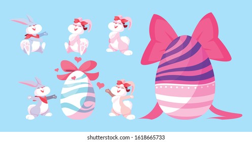 set of bunnies with easter eggs, happy easter vector illustration design