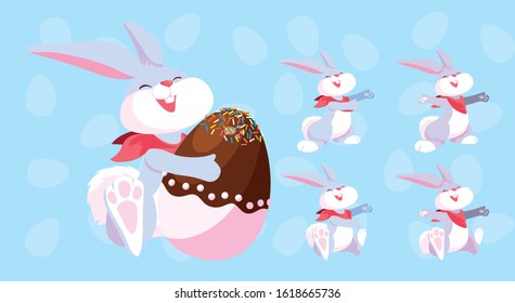 set of bunnies with easter eggs, happy easter vector illustration design