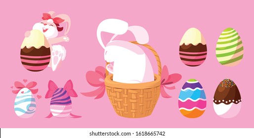 set of bunnies with easter eggs, happy easter vector illustration design