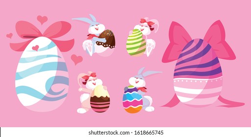 set of bunnies with easter eggs, happy easter vector illustration design