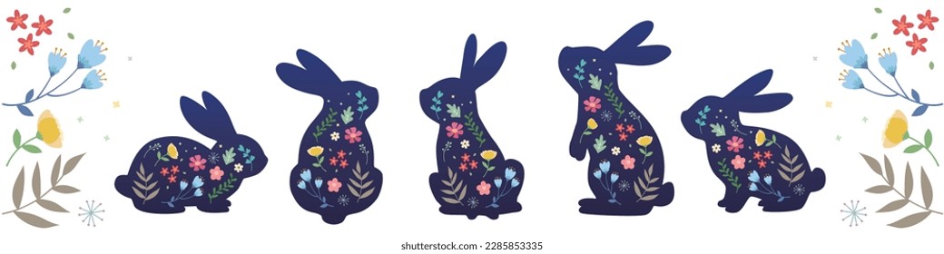 Conjunto de bloques de diseño de patrones de estilo folk. Siluetas de conejo en diferentes poses con diseño de estilo de aplicación floral.