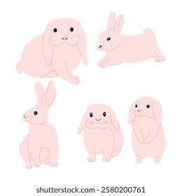 Set of bunnies isolated, animal kid, rabbit, for easter. Flat design.