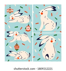 Set of bunnies on a blue background with elements of a New Year's serpentine and three Christmas decorations. Vector design hand drawing.