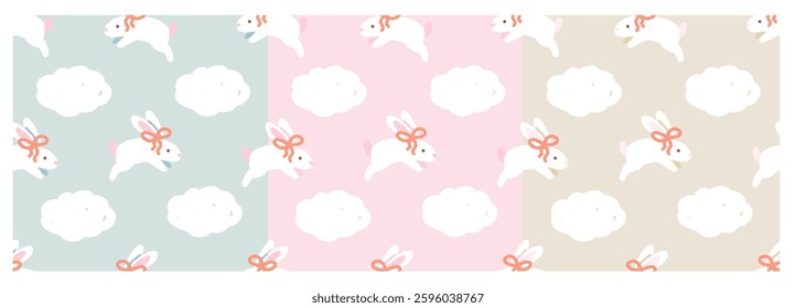 Set of Bunnies on Clouds Seamless Patterns in Pastels Colours