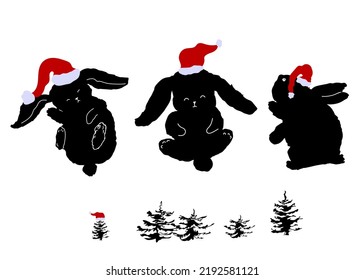 Set of bunnies in Santa Claus hats. Black silhouette of hare.Tatoo.
