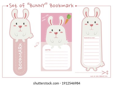 Set of bunny bookmark for print and cut. Cute rabbit bookmark and paper note printable vector design. 