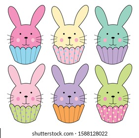 Set of bunny cupcake crtoon Patterns, Colorful bunny cupcake, Bunny cupcake Backgrounds, Cupcake Love Cards Vector Stock Vector Illustration.