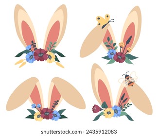 Set of bunny ears with Easter wreath. Happy Easter decor for greeting cards, poster, holiday, banner. Cute rabbit ears with wildflowers, leaves, butterfly. Vector cartoon flat illustration