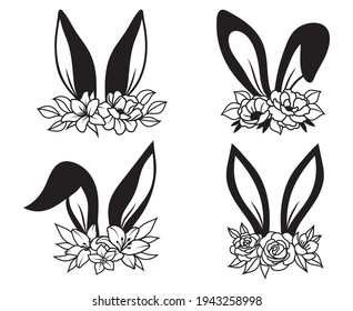 Set of bunny ears with flowers. Collections of silhouette cute rabbit with floral wreath. Cute spring design. Happy Easter. Vector illustration for  children's  greeting card. Tattoo.