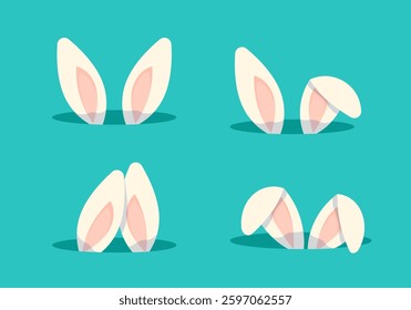 Set of bunny ears peeking out of holes in different positions on a turquoise background. Cute and playful concept for Easter, wildlife, or hiding themes. Flat cartoon vector illustration