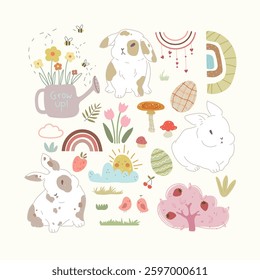 Set with bunny, eggs, rainbows, flowers and plants. Cute hand drawn Easter set.