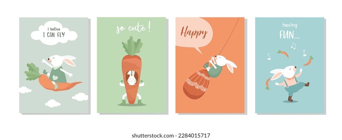 Juego de conejito divertido feliz Pascua. Diseño dibujado a mano de tarjeta de saludo. Tarjeta vertical, plantilla, conejos, conejo, lindo, huevos, ilustraciones vectoriales.