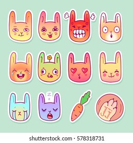 Set of bunny heads with different emotions in vector. Hand drawn cartoon rabbit emoticons. Sticker collection of animal emoji. Funny doodles.