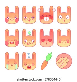 Set of bunny heads with different emotions in vector. Flat cartoon animal emoticons. Sticker collection of animal emoji