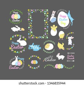 set with  bunny, little yellow chickens in different poses, easter eggs, lettering and branch with leaves and flowers in pastel colors on grey background