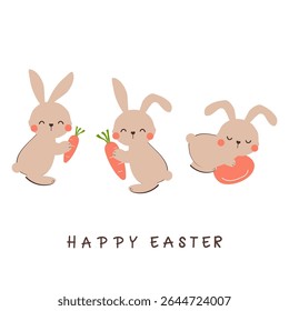 Set of bunny rabbit cartoons, carrot, Easter egg and hand written fonts isolated on white background. 