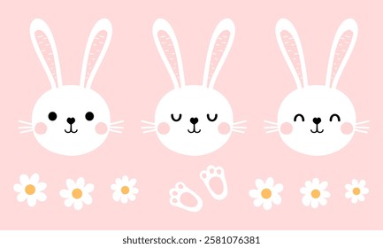 Set of bunny rabbit cartoons, daisy flower and foot print on pink background vector.