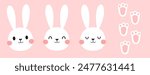 Set of bunny rabbit cartoons and foot prints icon set on pink background vector.