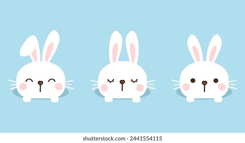 Set of bunny rabbit cartoons in the hole on blue background vector.