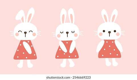 Set of bunny rabbit cartoons on pink background vector.