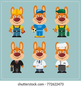 Set of bunny rabbit in different costumes: builder, sportsman, worker, doctor, manager, cook in cartoon style.