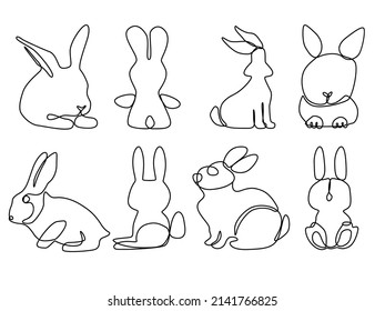 Set of Bunny rabbit line art icon. Abstract outline rabbit in hand drawn minimalism style for easter