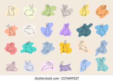 Set of bunny in simple one line style. Bunny icon on a color spot. Black and white minimal concept. 2023 year of the rabbit. Christmas vector illustration. New Years bunnies as decorative elements.