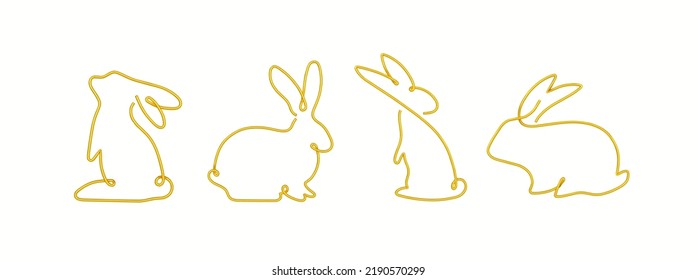 Set of bunny in simple one line style. Gold rabbit icon. Golden minimal concept vector. Cute rabbit silhouette with ears in simple minimalist style for spring design greeting card, banner.