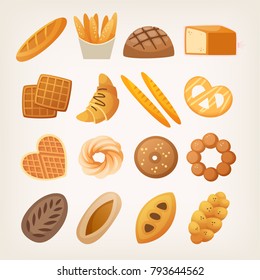 Set of buns and breads for everyday use from bakery. Isolated vector illustrations.