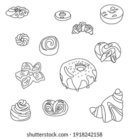 A set of buns, pretzels, donuts, croissants in doodle style. Vector stock illustration isolated on white background.
