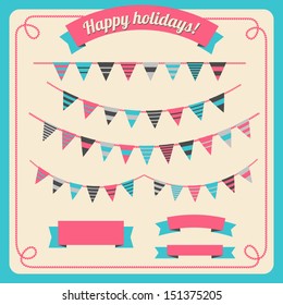 Set of bunting and garland in retro colors, with banners. Vector illustration.