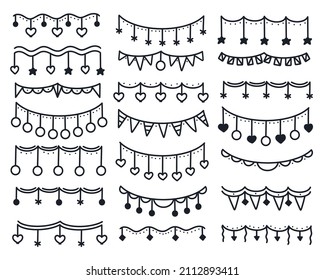 Set bunting and garlands doodle style. Collection holiday and party decorations hand drawn. Hang ornaments isolated vector illustration