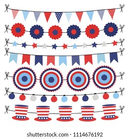 Set of bunting paper flags garlands. Party decorations, web banners in USA flag colors. Isolated vector illustrations, objects. Happy Independence day, 4th July national holiday design.