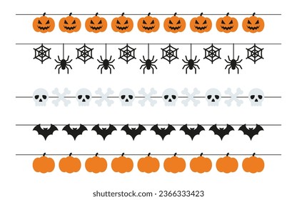 Set of bunting with spiders, pumpkins, bats, bones and skulls. Garlands for Halloween. 