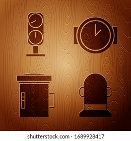 Set Buoy, Gage-Skala, Big Blitzlicht für Taucher und Taucheruhr auf Holzhintergrund. Vektorillustration