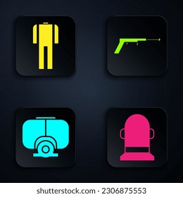 Set Buoy, Wetsuit for scuba diving, Diving mask and Fishing harpoon. Black square button. Vector