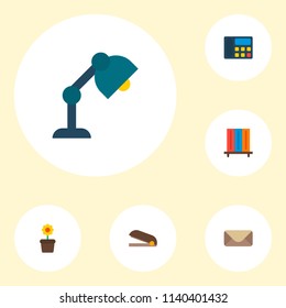 Set of bureau icons flat style symbols with telephone, bookshelf, stapler and other icons for your web mobile app logo design.